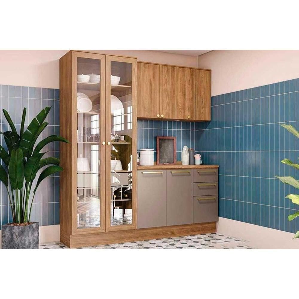 Cozinha Modulada Completa Botanic 4 Peças 1 Aéreo + Balcão + Cristaleira + 1 Complemento M656 Nogueira Fendi