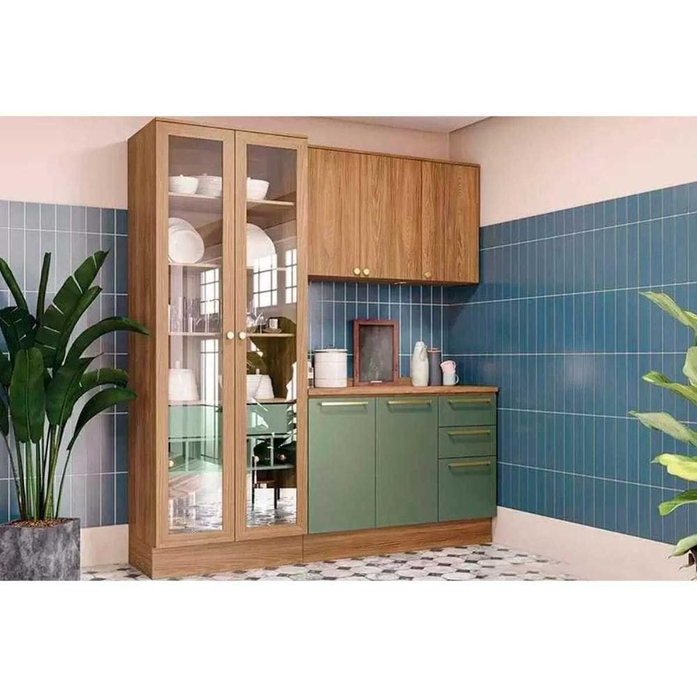 Kit Cozinha Modulada 4 Peças Botanic 1 Aéreo + Balcão + Cristaleira + 1 Complemento M656 Nogueira Verde Oliva