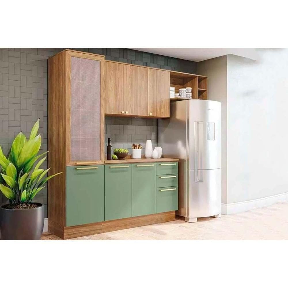 Kit Cozinha Modulada 5 Peças Botanic 2 Aéreos + 1 Balcão + 1 Paneleiro + 1 Complemento M654 Nogueira Verde Oliva
