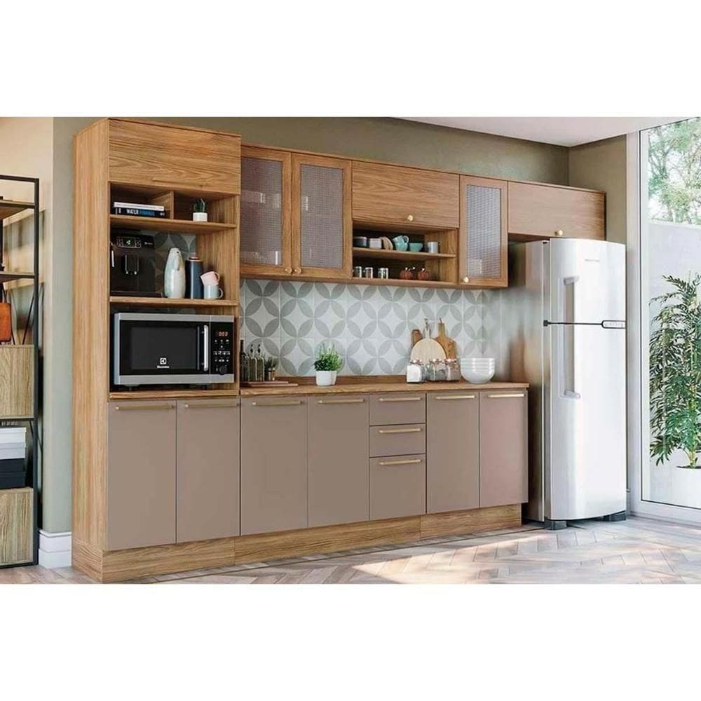 Cozinha Modulada Completa Botanic 8 Peças 3 Aéreos + 2 Balcões + 1 Paneleiro+ 2 Complementos M663 Nogueira Fendi
