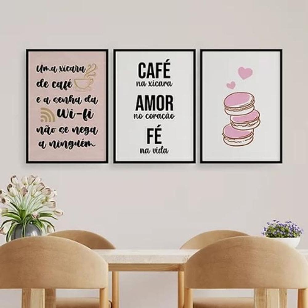 Kit 3 Quadros Xícara De Café E Wi-Fi 33X24Cm Com Vidro Preta