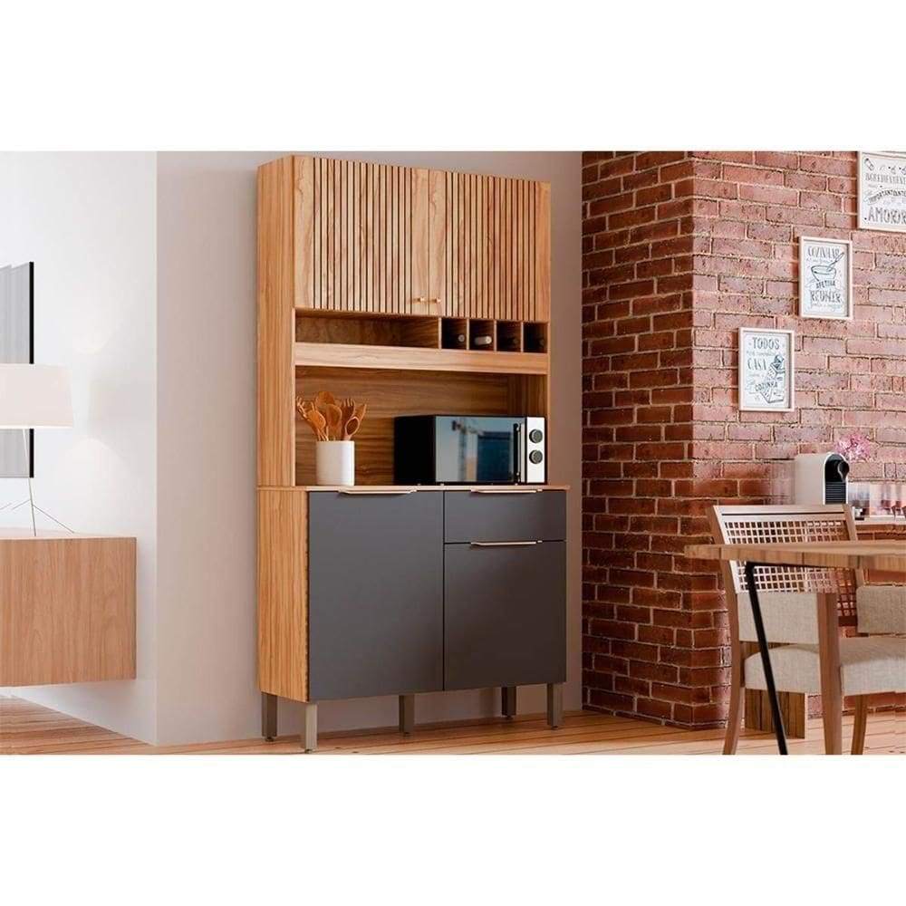 Cozinha Compacta Kit Moscato Com 4 Portas E 1 Gaveta 197x101cm Amendoa Grafite Ronipa
