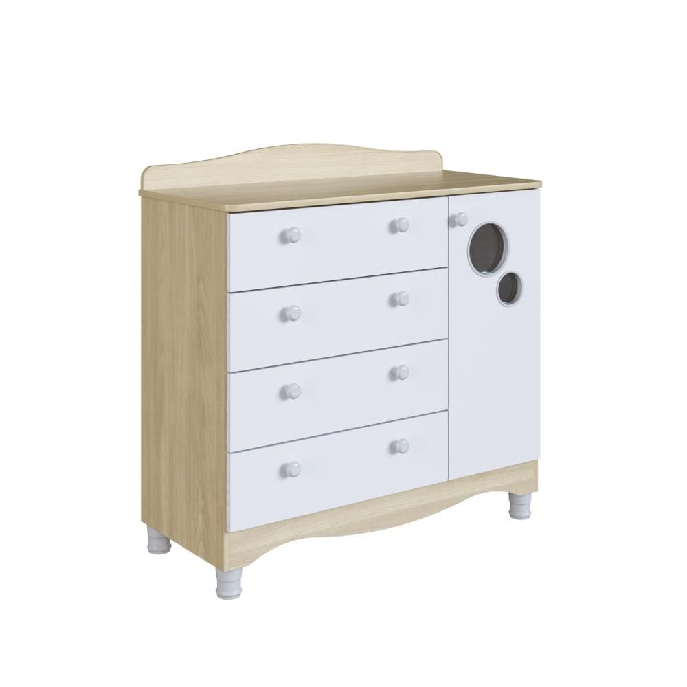 Cômoda Infantil 4 Gavetas 1 Porta Fraldário Linha Encanto 90cm Carvalho/Branco - Completa Móveis