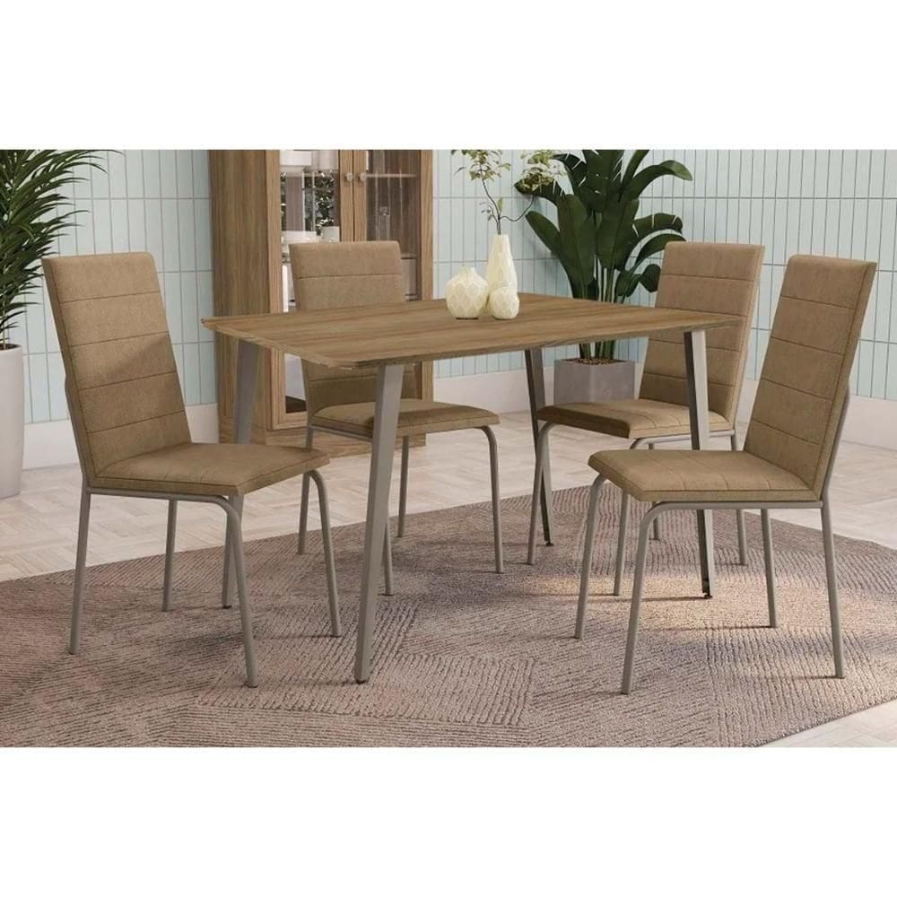 Conjunto Mesa De Cozinha Iguaçu Com Tampo De Madeira 90cm E 4 Cadeiras Amsterdã Niquel Courano Capuccino Kappesberg