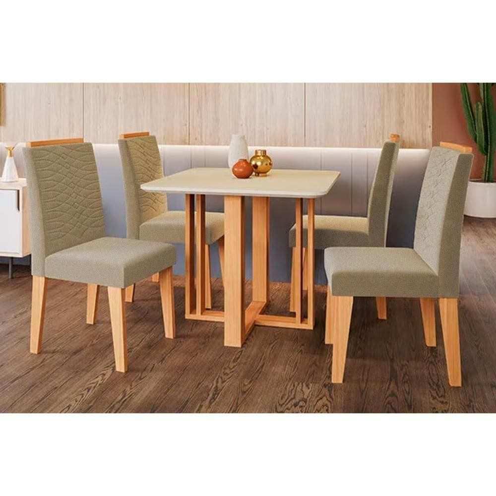 Conjunto Mesa De Cozinha Flora Com Tampo Madeirado Com Vidro 95x95cm E 4 Cadeiras Clarice Madeirado Linho Bege Cimol