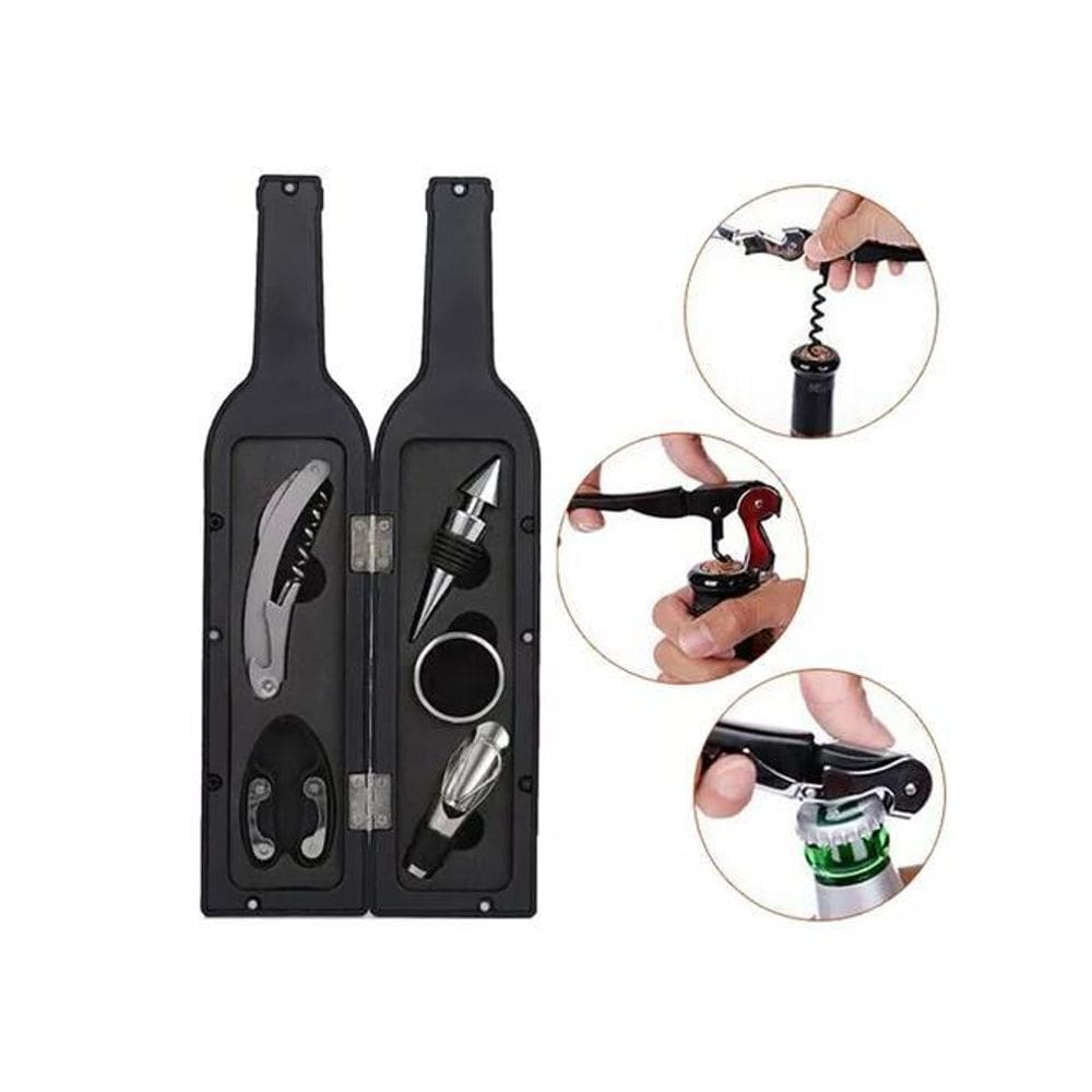 Kit Vinho 6 Peças Abridor Saca Rolha Tampa Anel Garrafa Case