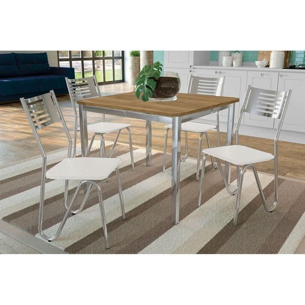 Conjunto Mesa Sala Jantar Reno Com Tampo De Madeira 90cm E 4 Cadeiras Nápoles Cromada Branco 106 Kappesberg