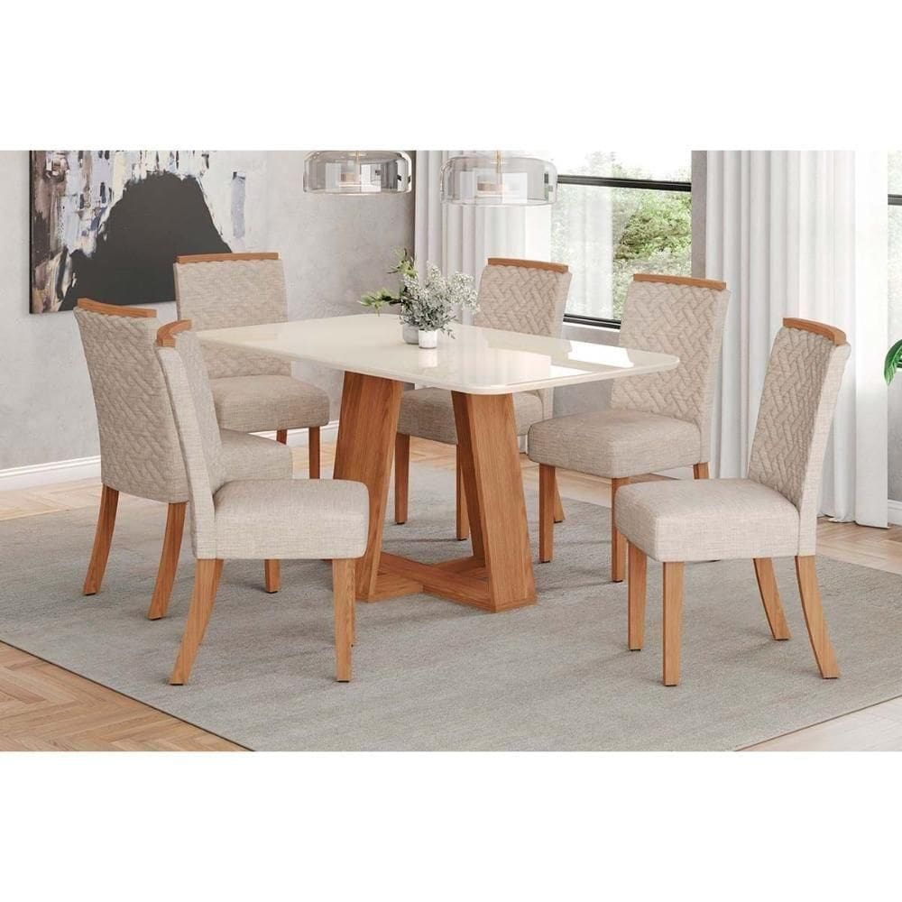 Conjunto Mesa De Cozinha Lins Com Tampo Madeirado Com Vidro Curvo 160x90cm E 6 Cadeiras Malu Nature Linho Henn