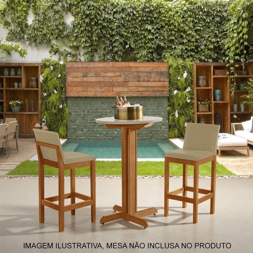 Kit 2 Banquetas Alta Pérola Com Encosto Estofada Em Veludo Bege Madeira Maciça Castanho