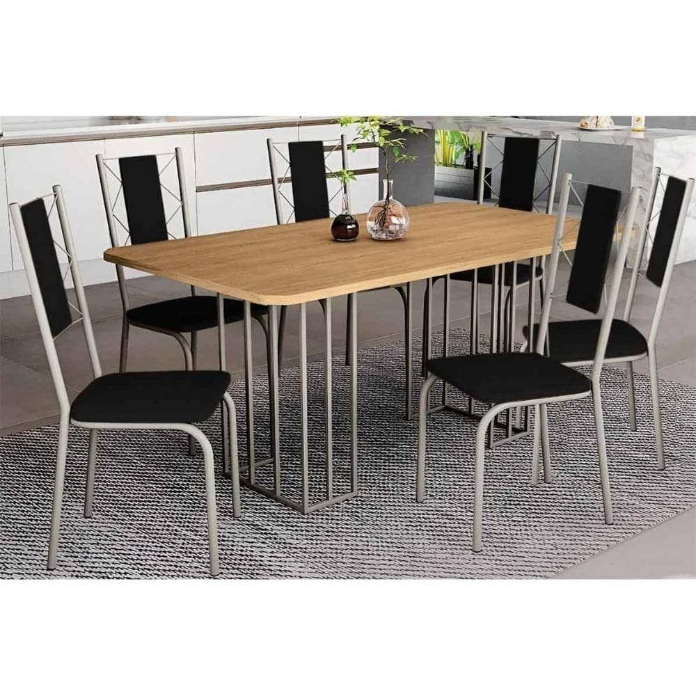 Conjunto Mesa De Cozinha Duina Com Tampo De Madeira 160cm E 6 Cadeiras Lisboa Niquel Freijó Courano Preto Kappesberg