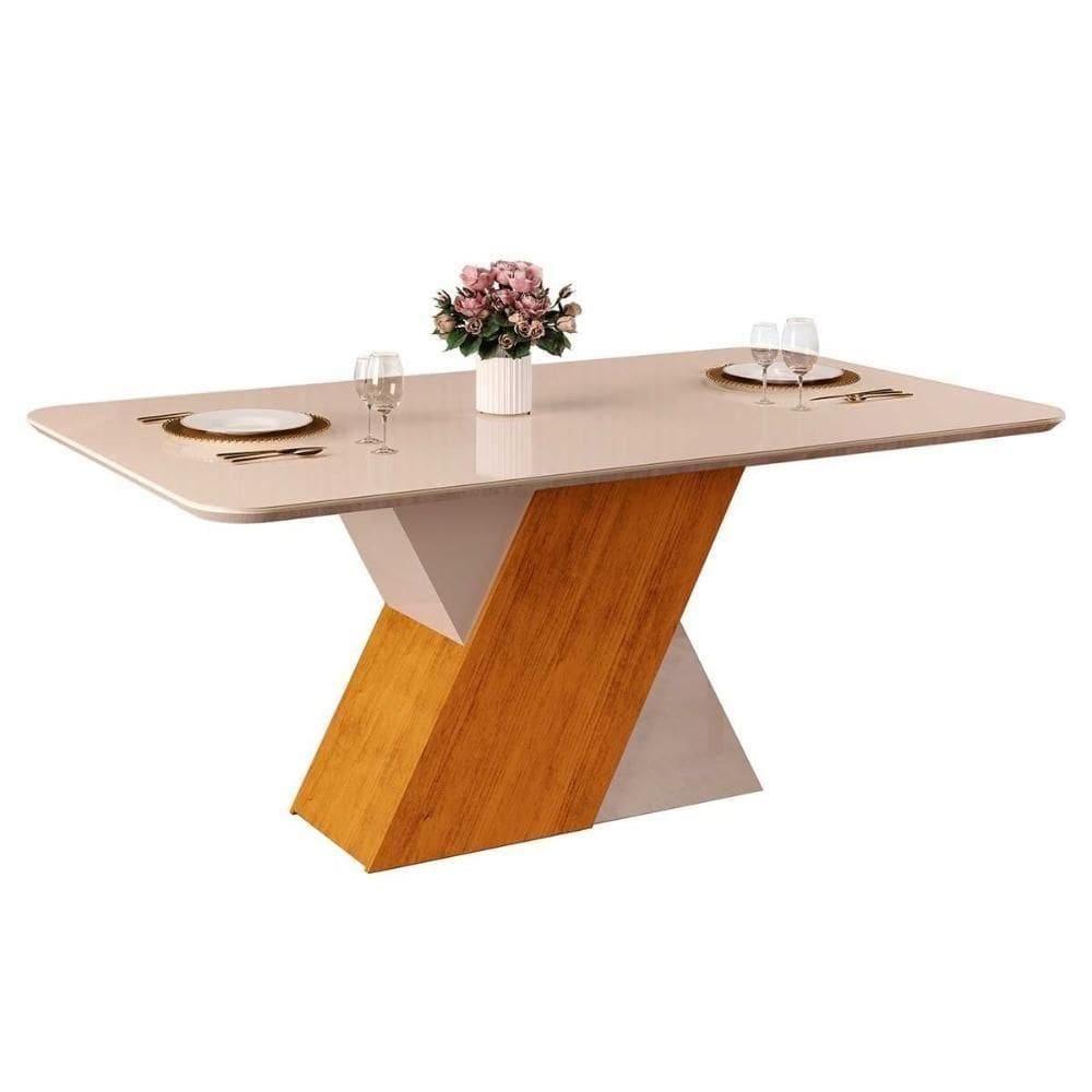 Mesa Para Cozinha Rubi Com Tampo Madeirado Com Vidro Curvo 170x90cm Cedro Off White Off White Dj Móveis