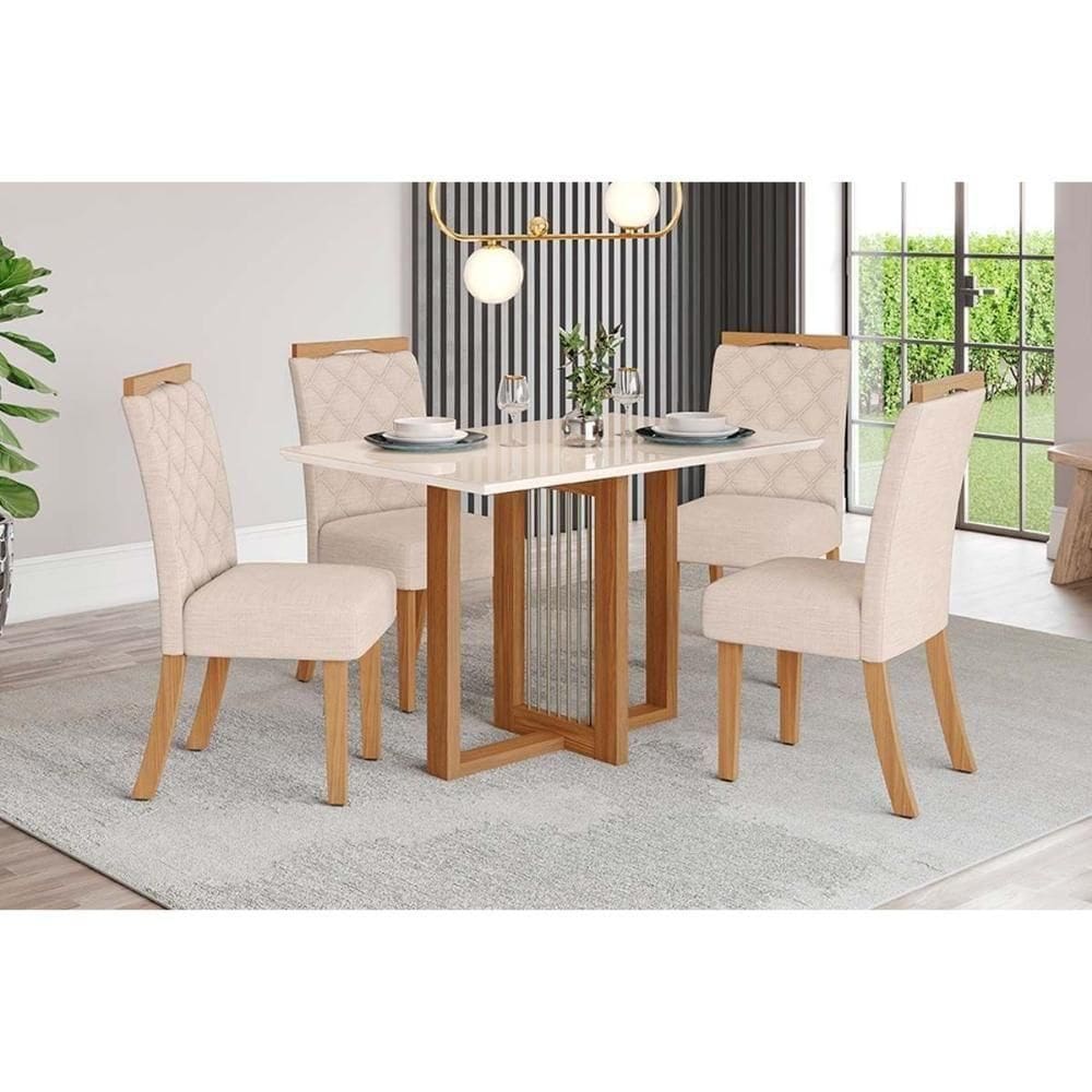 Conjunto Mesa De Cozinha Natalí Com Tampo Madeirado Com Vidro Reto 120x80cm E 4 Cadeiras Bella Nature Linho Henn