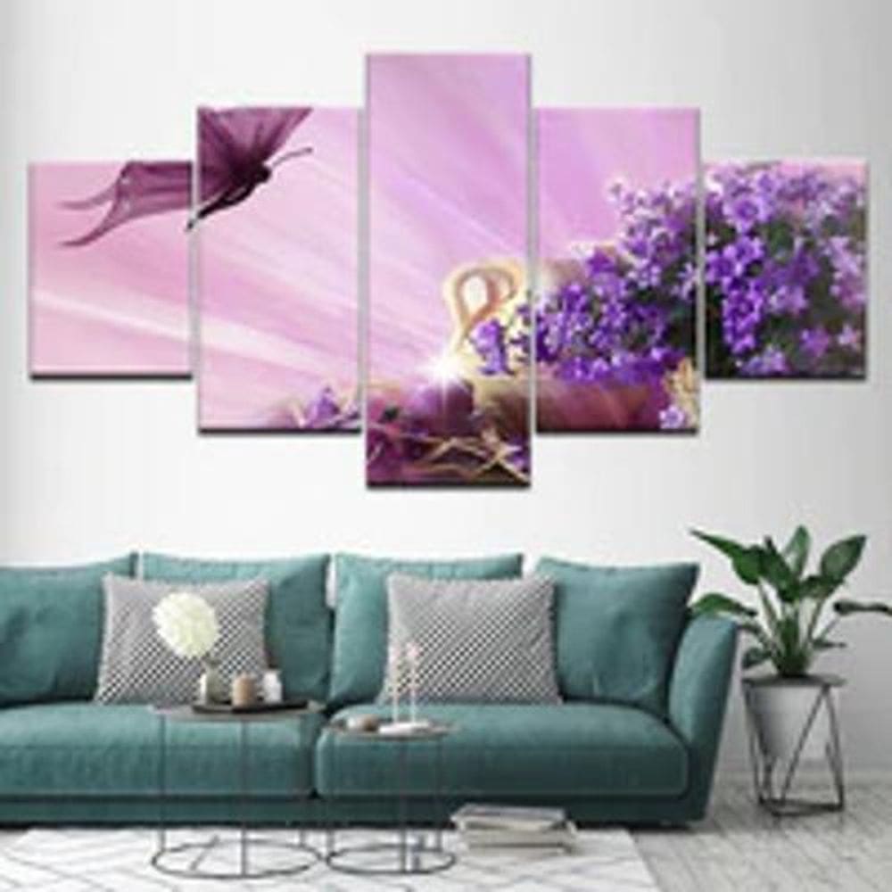 Quadro Decorativo Mosaico De 5 Peças Flores E Borboleta Roxa