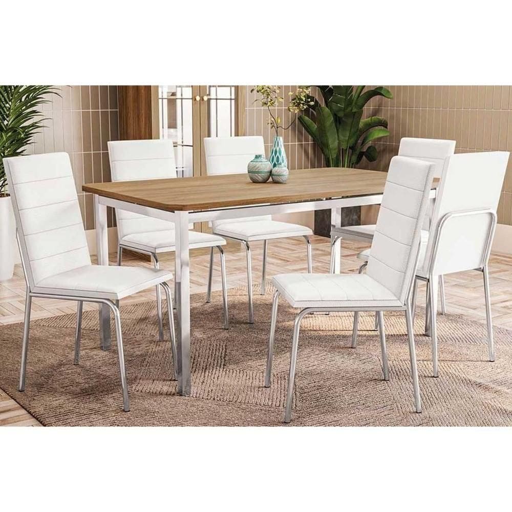 Conjunto Mesa De Cozinha Reno Com Tampo De Madeira 160cm E 6 Cadeiras Amsterdã Cromada Branco 106 Kappesberg