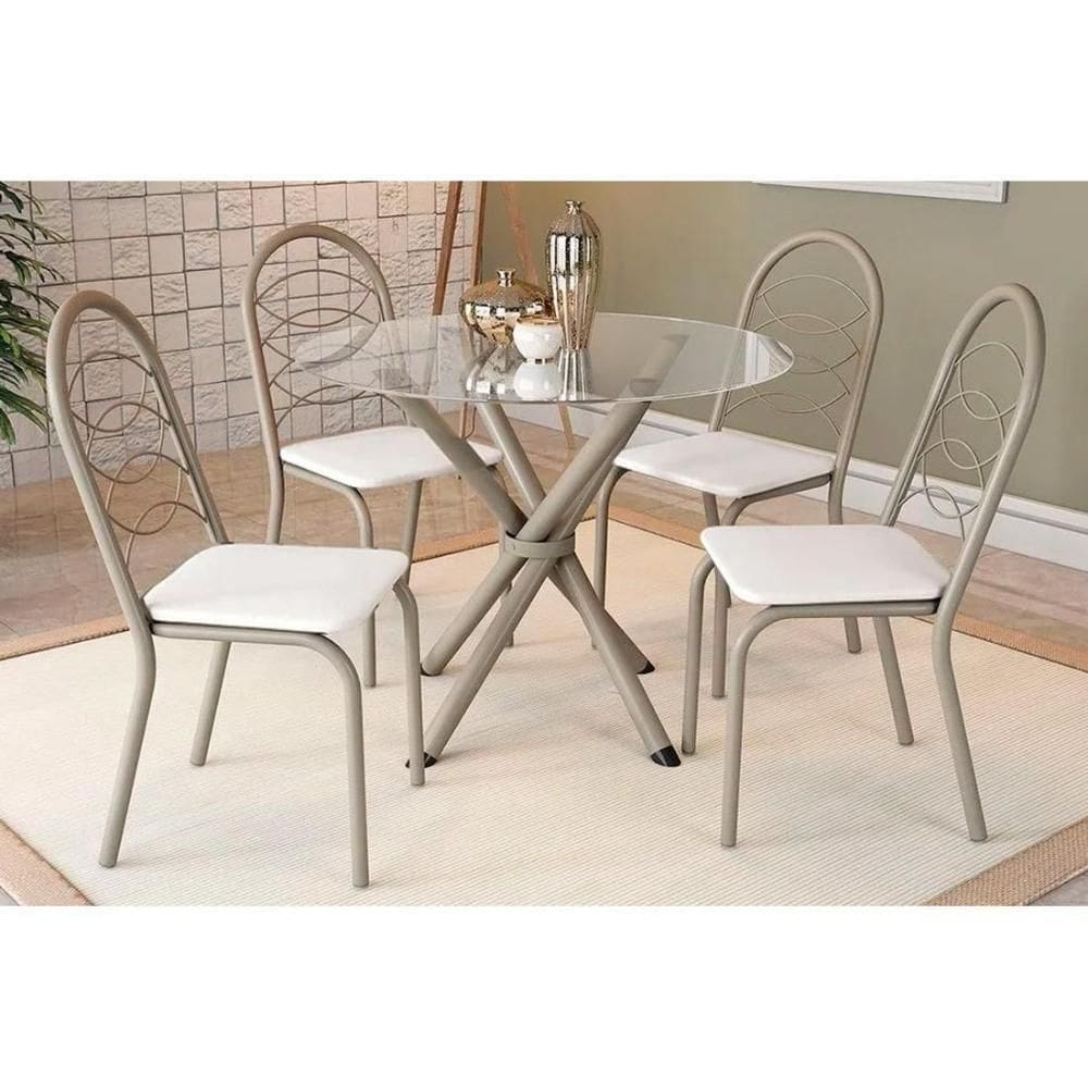 Conjunto Mesa Sala Jantar Volga Com Tampo De Vidro 95cm E 4 Cadeiras Holanda Niquel Branco Kappesberg