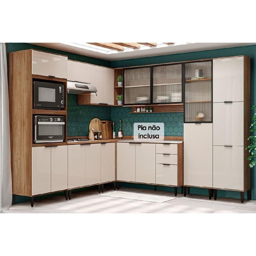 Cozinha Modulada Completa Alpha 9 Peças 3 Aéreos + 3 Balcões + 2 Paneleiros + 1 Torre Quente C9p35 Freijó Off White