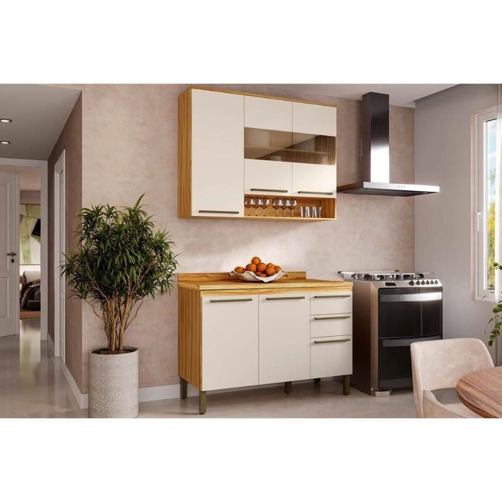 Cozinha Modulada Completa Nápoli 2 Peças 1 Aéreo + 1 Balcão C2p04 Amendoa Off White Ronipa