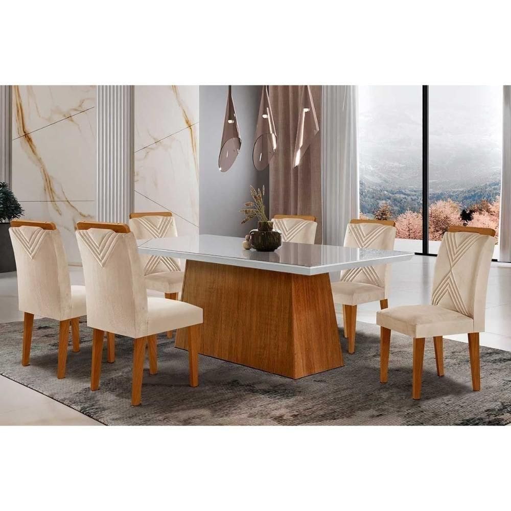 Conjunto Mesa De Cozinha Luna Tampo Madeirado Com Vidro Reto 180x90 E 6 Cadeiras Amsterdã Imbuia Suede Creme Rufato