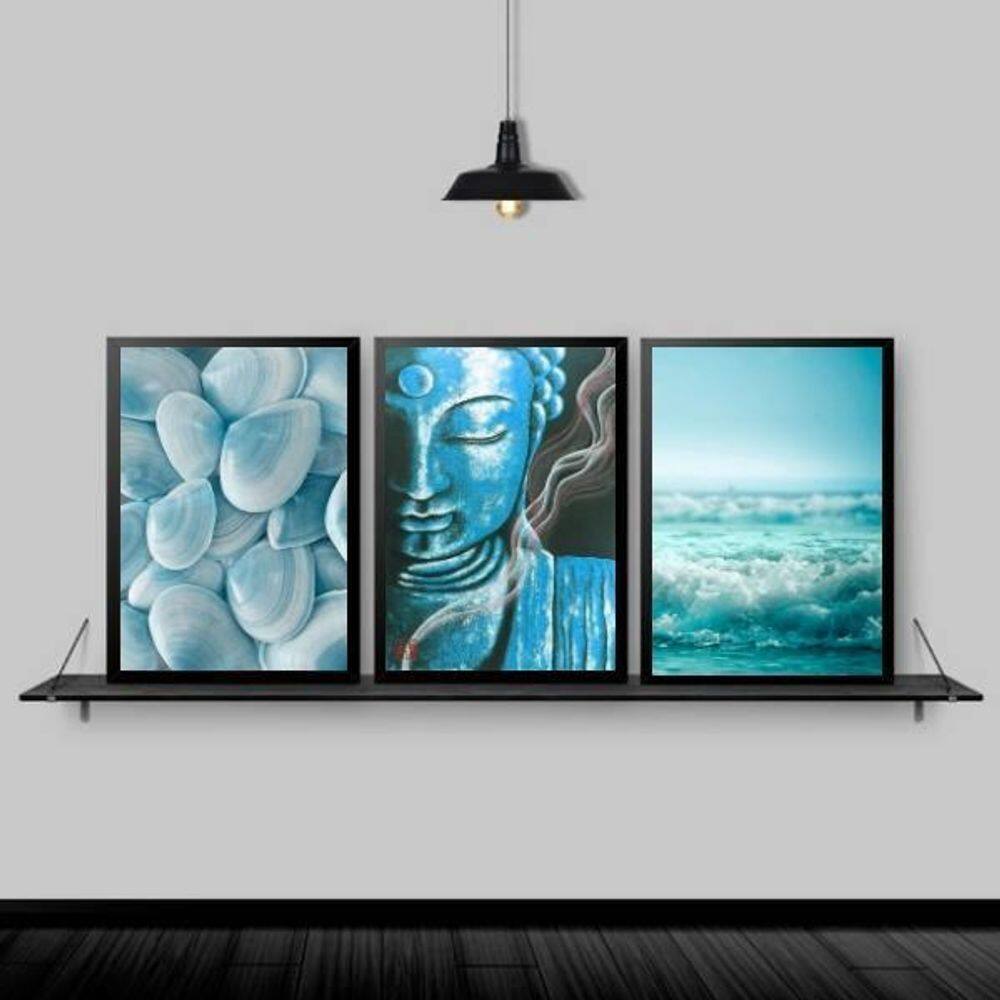 Kit 3 Quadros Zen Buda Mar Azul 24x18cm - Madeira Preta