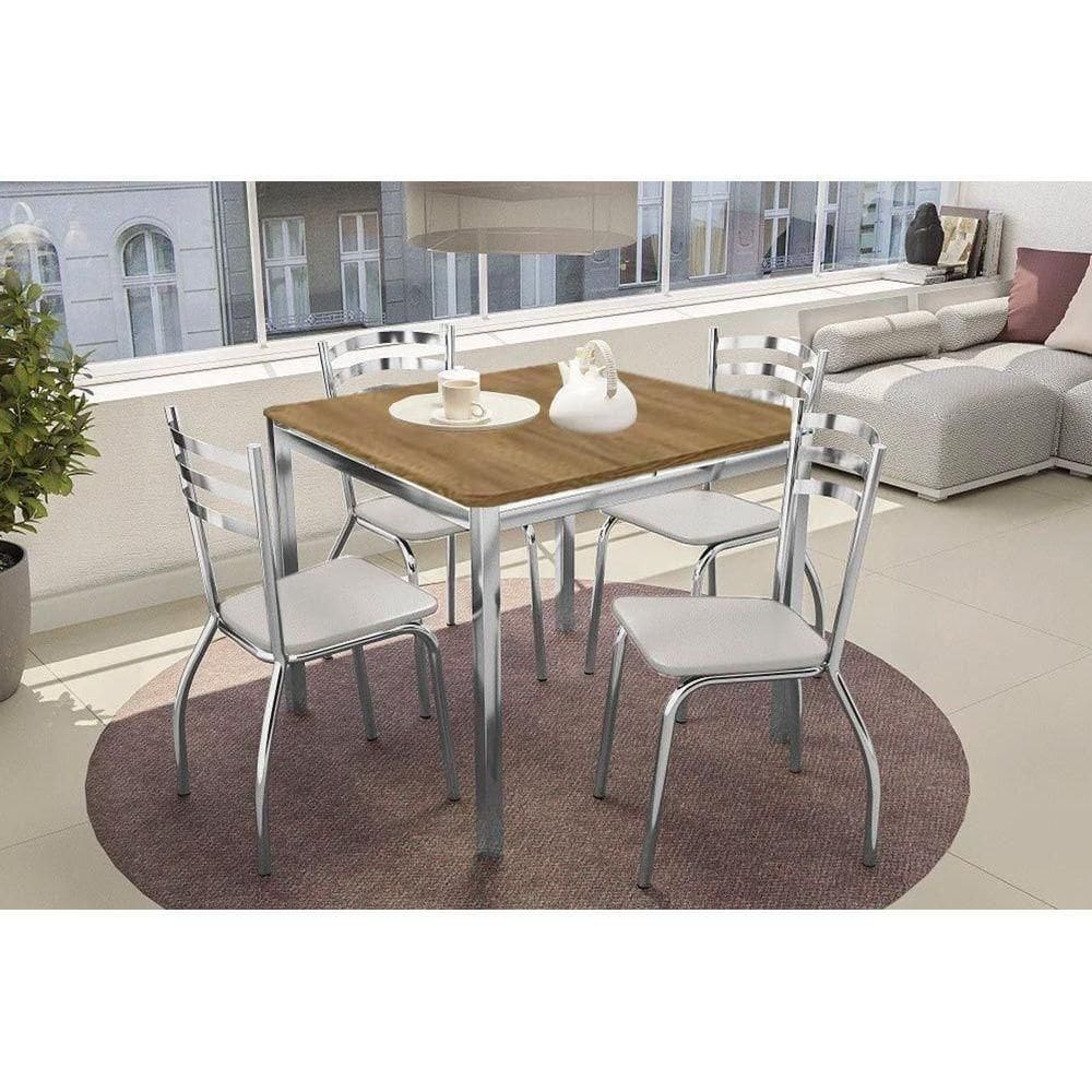 Conjunto Mesa De Cozinha Reno Com Tampo De Madeira 90cm E 4 Cadeiras Portugal Cromada Branco 106 Kappesberg