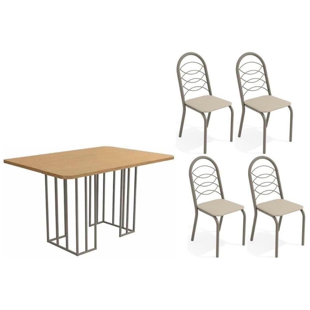 Conjunto Mesa De Cozinha Duina Com Tampo De Madeira 136cm E 4 Cadeiras Holanda Niquel Freijó Courano Bege Kappesberg