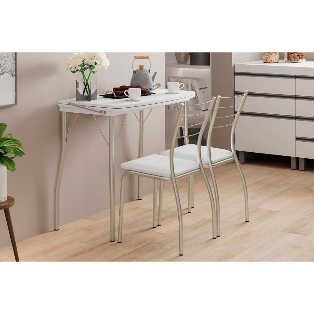 Conjunto Mesa Sala Jantar Multiuso Dobrável E 2 Banquetas 1700 Prata Branco Prata Branco Carraro