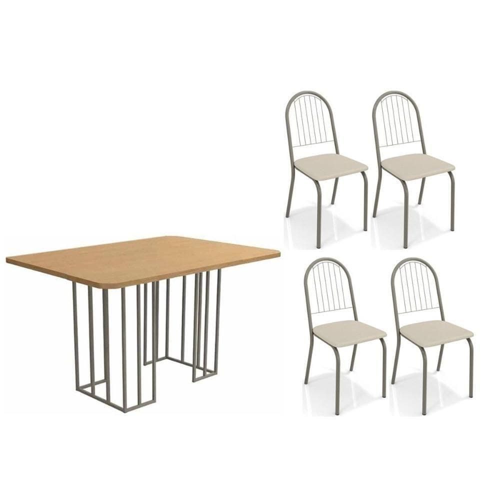 Conjunto Mesa De Cozinha Duina Com Tampo De Madeira 136cm E 4 Cadeiras Noruega Niquel Freijó Courano Bege Kappesberg