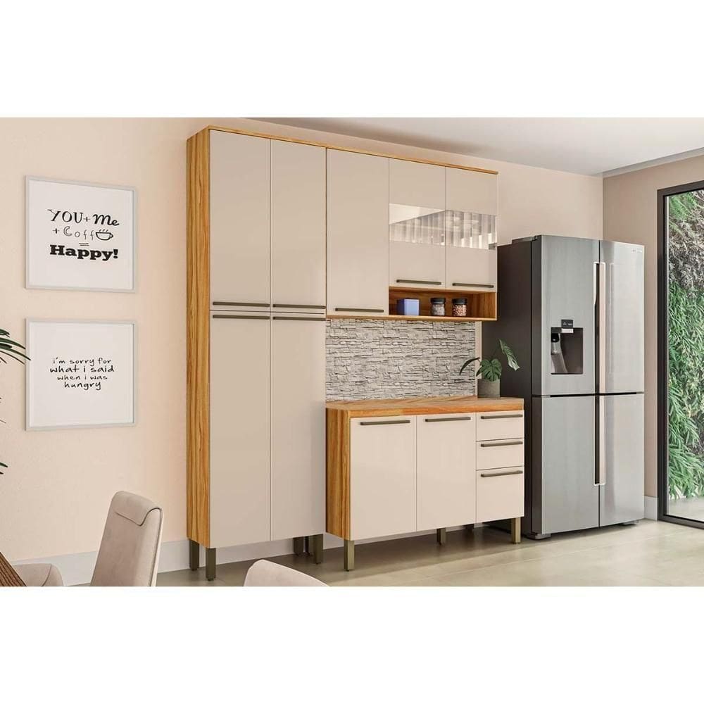 Cozinha Completa 3 Peças Nápoli 1 Aéreo Balcão 1 Paneleiro C3p02 Amendoa Off White Ronipa