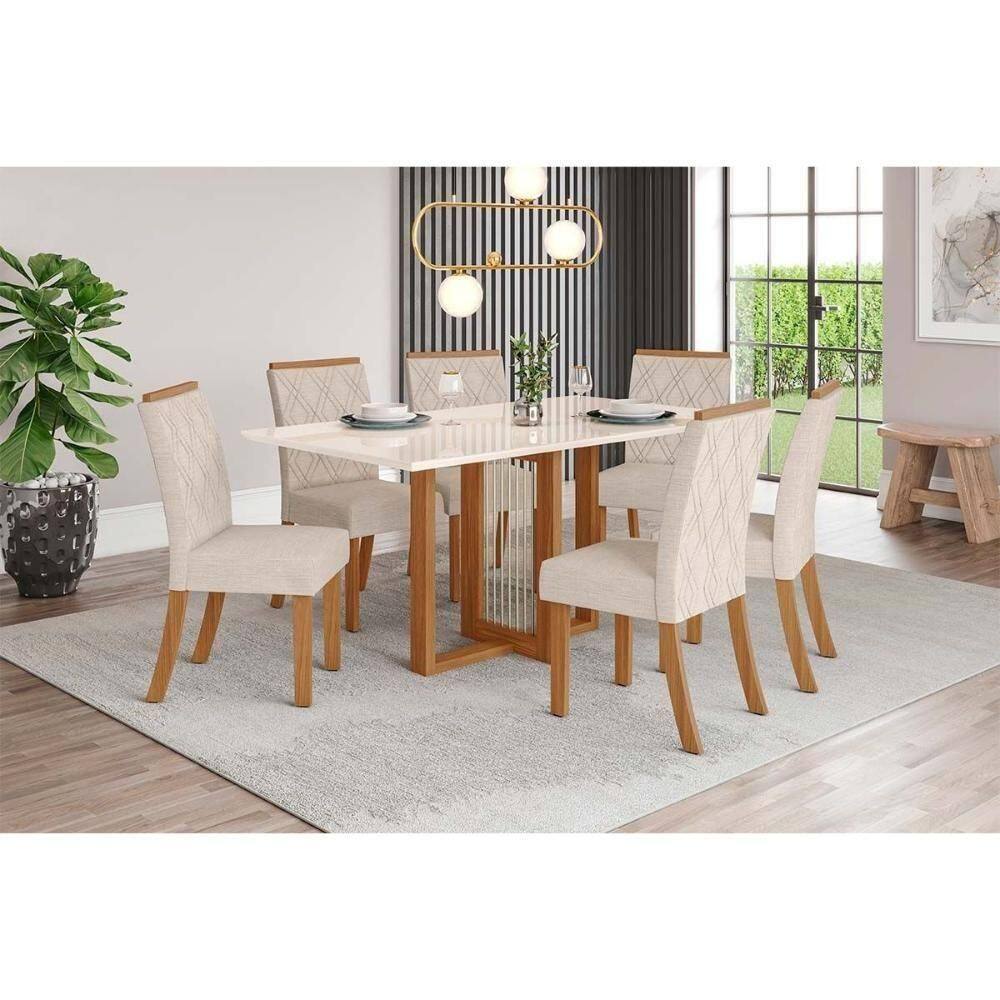 Conjunto Mesa De Cozinha Natalí Com Tampo Madeirado Com Vidro Reto 160x90cm E 6 Cadeiras Vita Nature Linho Henn