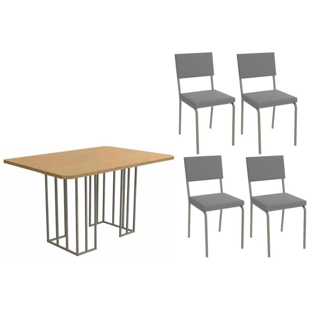 Conjunto Mesa De Cozinha Duina Com Tampo De Madeira 136cm E 4 Cadeiras Zaria Niquel Freijó Suede Cinza Kappesberg