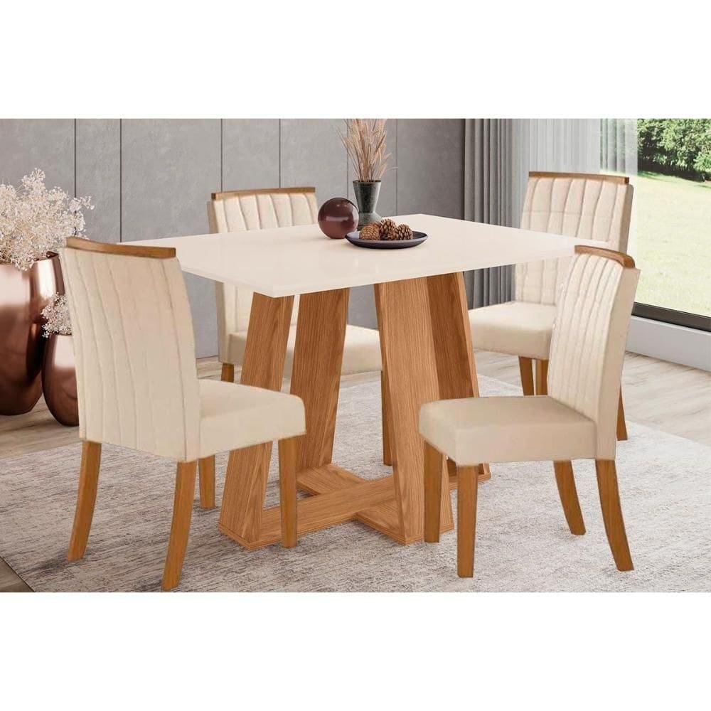 Conjunto Mesa De Cozinha Lins Sc91 Tampo Madeirado Com Vidro Canto Reto 120x80cm E 4 Cadeiras Tauá Nature Linho Henn