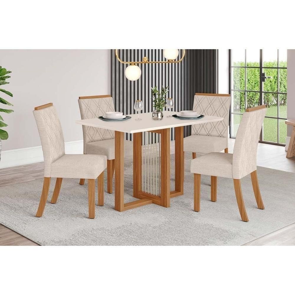 Conjunto Mesa De Cozinha Natalí Com Tampo Madeirado 120x80cm E 4 Cadeiras Vita Nature Off White Linho Bege Henn