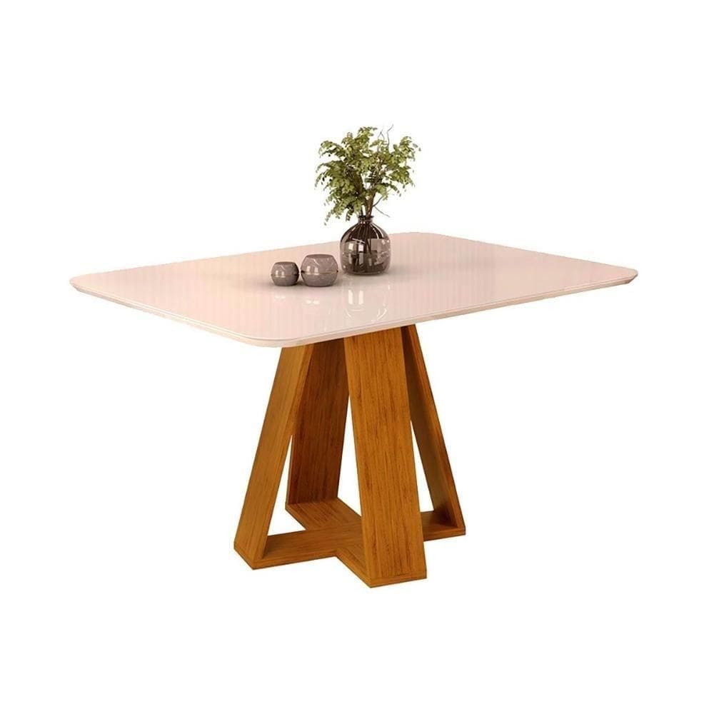 Mesa Para Cozinha Celeste Com Tampo Madeirado Vidro Curvo 120x90cm Cedro Off White Dj Móveis