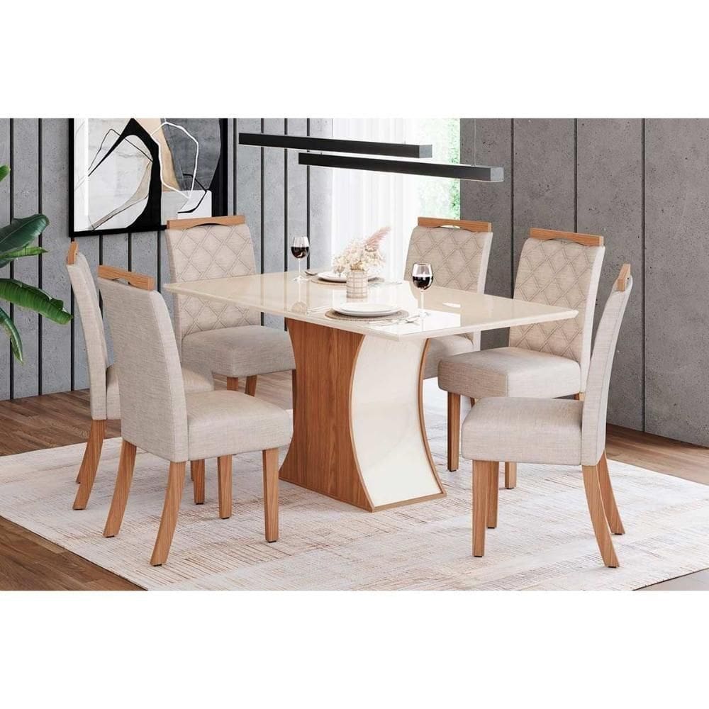 Conjunto Mesa De Cozinha Luiza Tampo Madeirado Com Vidro 160x90cm E 6 Cadeiras Bella Nature Linho Henn