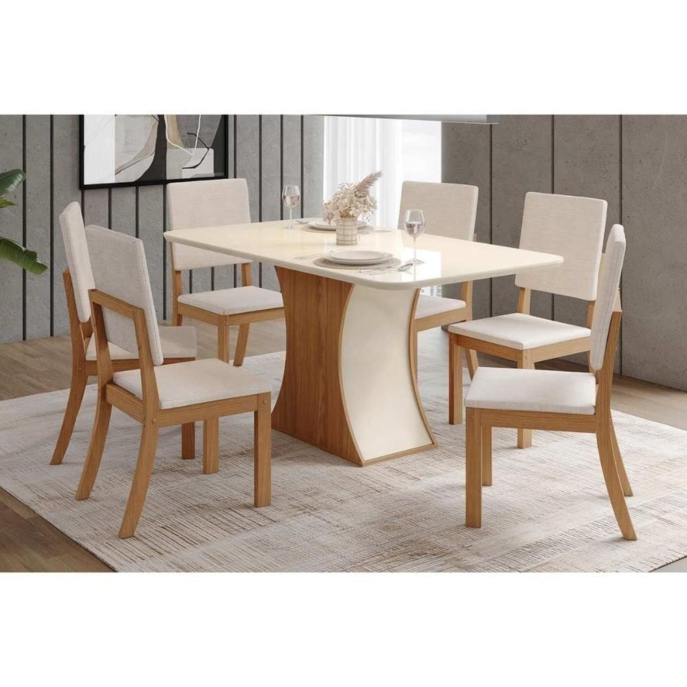 Conjunto Mesa De Cozinha Luiza Com Tampo Curvo Madeirado Com Vidro 160x80cm E 6 Cadeiras Milla Nature Linho Henn