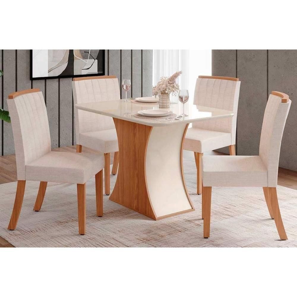 Conjunto Mesa De Cozinha Luiza Com Tampo Curvo Madeirado Com Vidro 120x80cm E 4 Cadeiras Tauá Nature Linho Henn