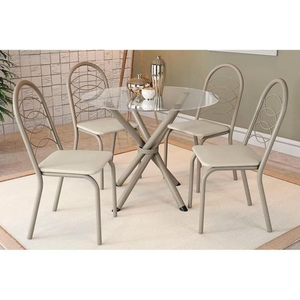 Conjunto Mesa Sala Jantar Volga Com Tampo De Vidro 95cm E 4 Cadeiras Holanda Niquel Bege Kappesberg