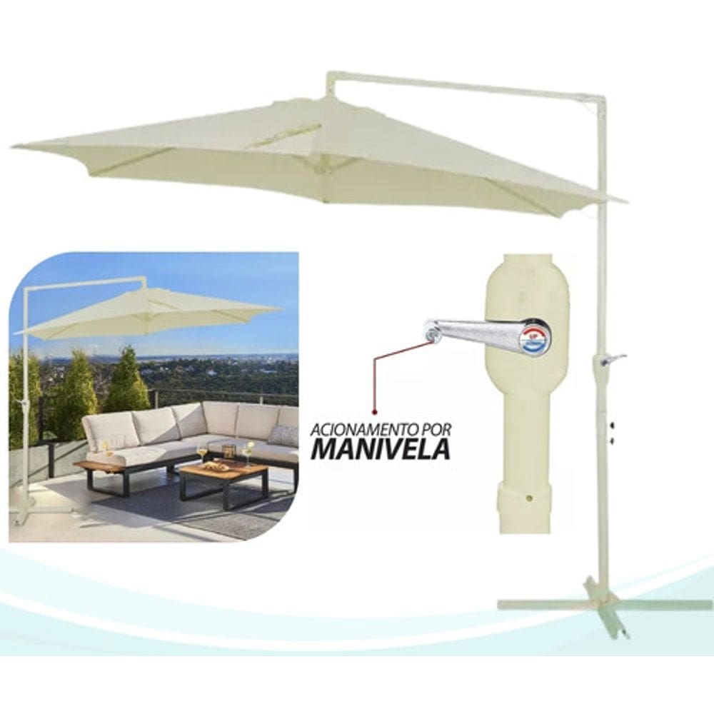 Ombrelone Guarda Sol Lateral Grande 3 Metros Bel Veneza - Bege com Base de Apoio e Manivela de Abertura