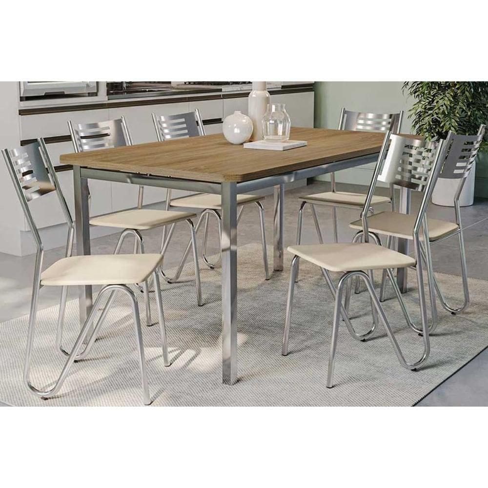 Conjunto Mesa Sala Jantar Reno Com Tampo De Madeira 160cm E 6 Cadeiras Nápoles Cromada Nude 16 Kappesberg