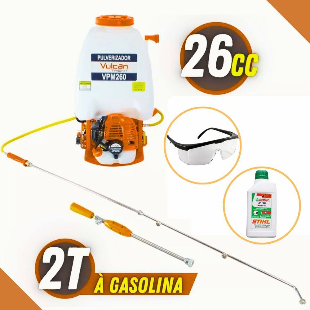 Pulverizador Agricola Costal a Gasolina Vulcan Trent VPM260 25L 26cc + Oleo Lubrificante Stihl 2T + Luvas de Proteção