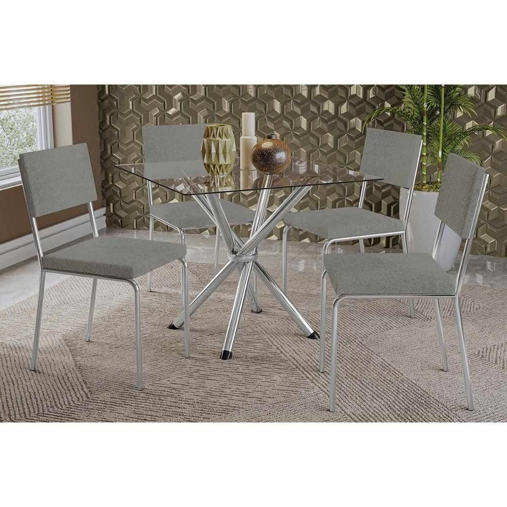 Conjunto Mesa Sala Jantar Volga Com Tampo De Vidro 90cm E 4 Cadeiras Zaria Cromada Boucle Cinza Kappesberg