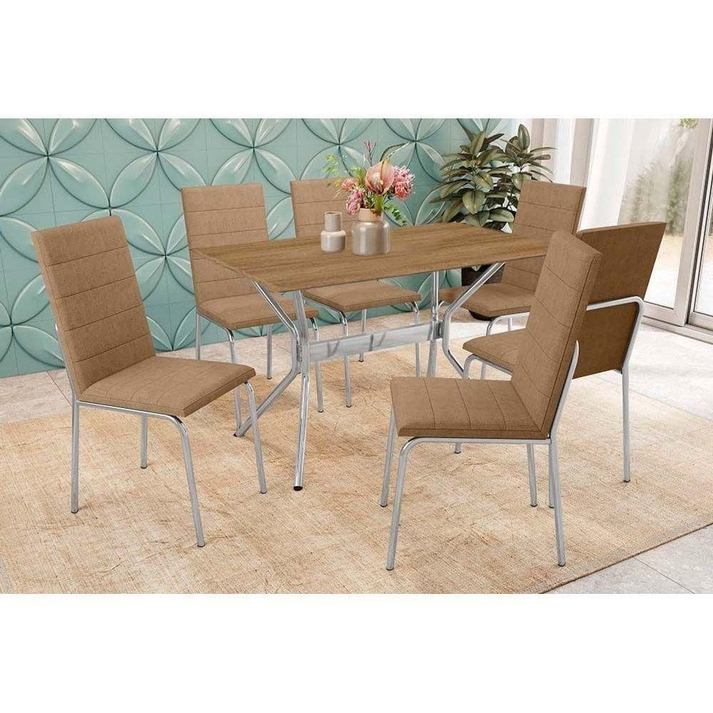Conjunto Mesa Sala Jantar Loire Com Tampo De Madeira 160cm E 6 Cadeiras Amsterdã Cromada Capuccino Kappesberg