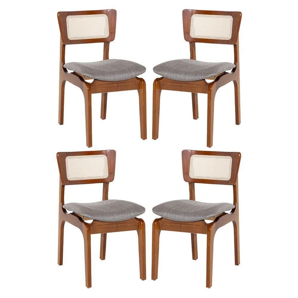 Kit 4 Cadeiras De Jantar Portugal Madeira Imbuia Com Encosto Tela Rattan Linho Cinza L55