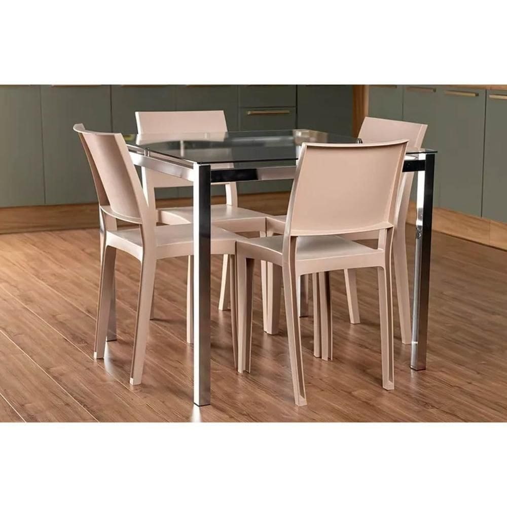 Sala De Jantar Reno Com Tampo De Vidro 90x90cm E 4 Cadeiras Hydra Plus Cromada Capuccino
