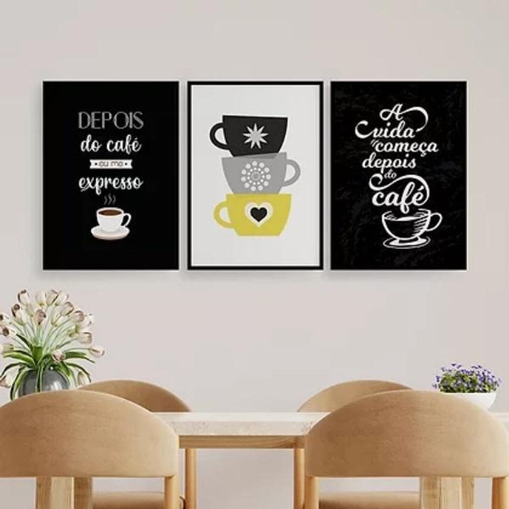 Kit 3 Quadros Depois Do Café Me Expresso 45X34Cm Vidro Preta