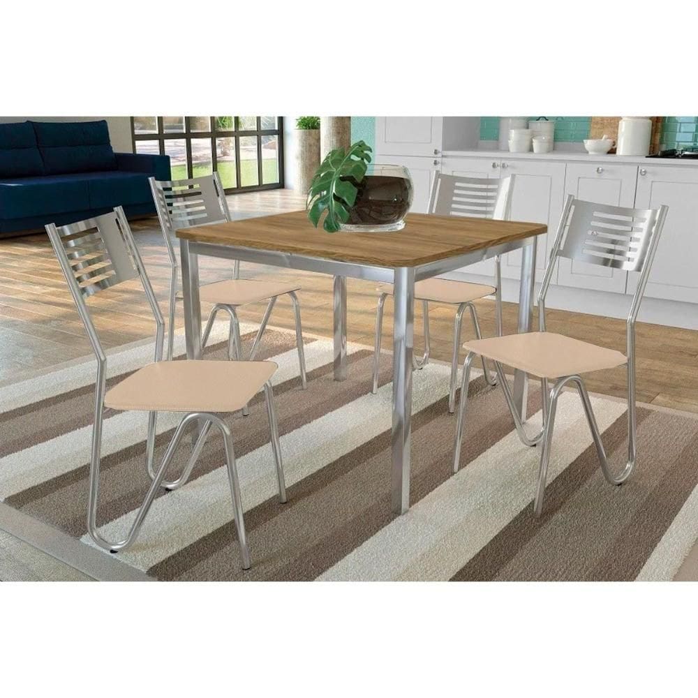 Conjunto Mesa De Cozinha Reno Com Tampo De Madeira 90cm E 4 Cadeiras Nápoles Cromada Nude 16 Kappesberg