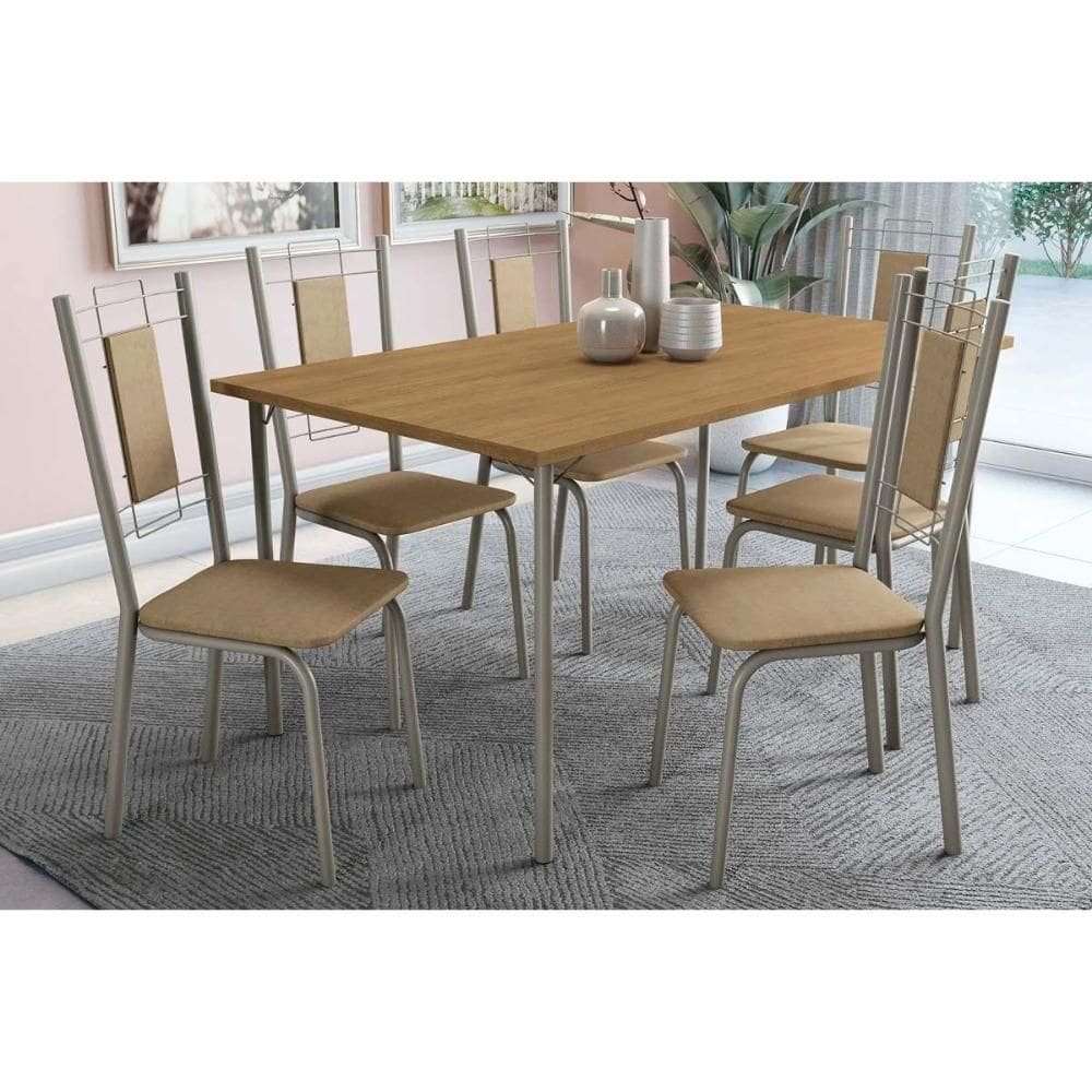 Conjunto Mesa De Cozinha Sena Tampo Madeirado 90x160cm E 4 Cadeiras Florença Niquel Nogueira Capuccino Kappesberg