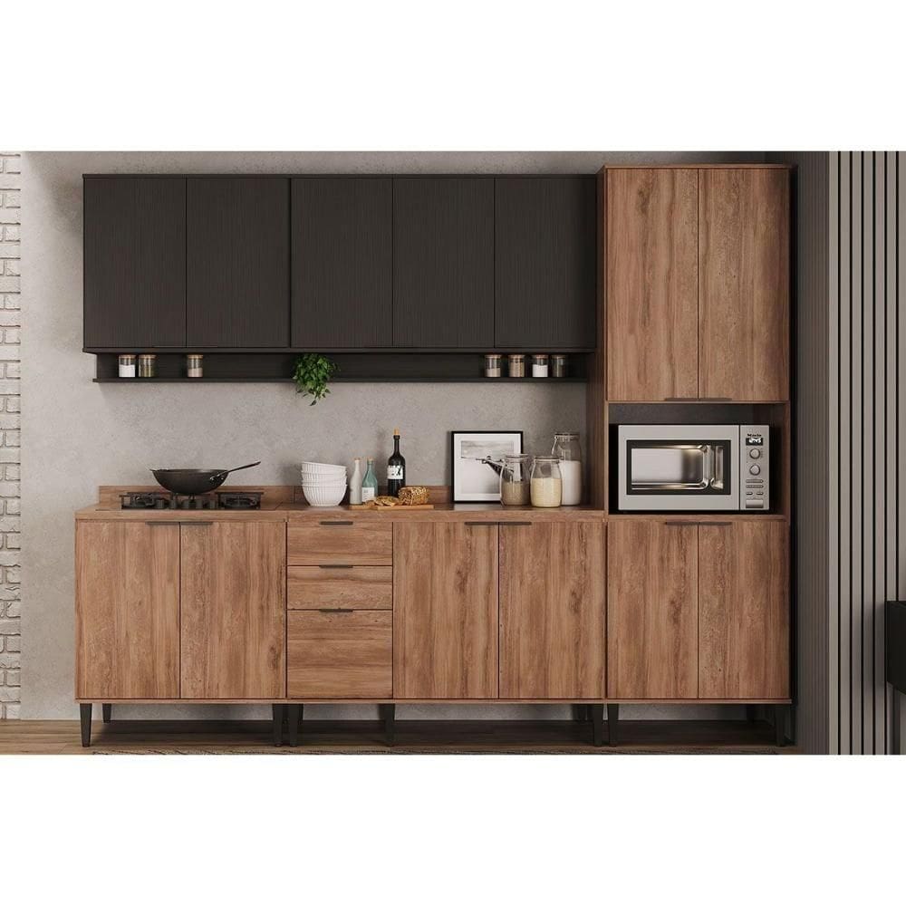 Cozinha Modulada Completa Alpha 5 Peças 2armários+2balcões + 1 Torre Quente C5p101 PretoFreijó