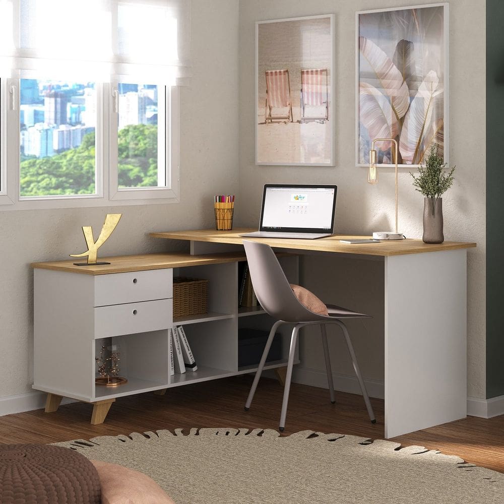 Escrivaninha Retrô em L para Escritório e Home Office com 2 Gavetas e 5 Nichos Gold Branca/Olmo