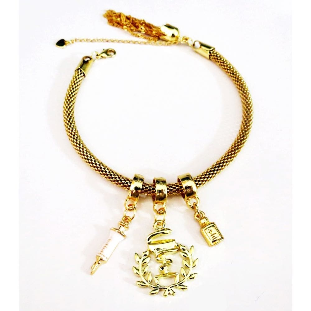 Pulseira Farmácia Remédio Seringa Folheado A Ouro 18k
